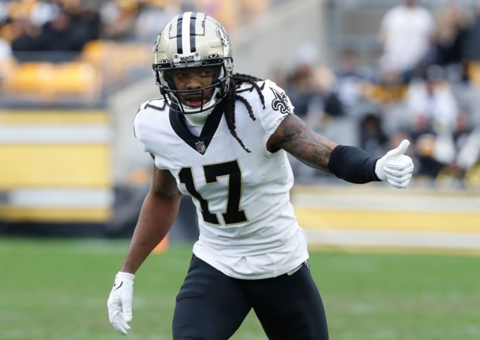 Nov 13, 2022; Pittsburgh, Pennsylvania, USA; New Orleans Saints wide receiver Kevin White (17) gestures at the line of scrimmage against the Pittsburgh Steelers during the second quarter at Acrisure Stadium.